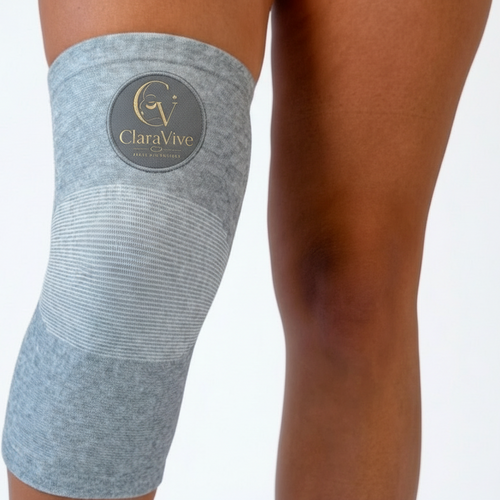 Customer wearing Claravive bamboo charcoal knee compression sleeve